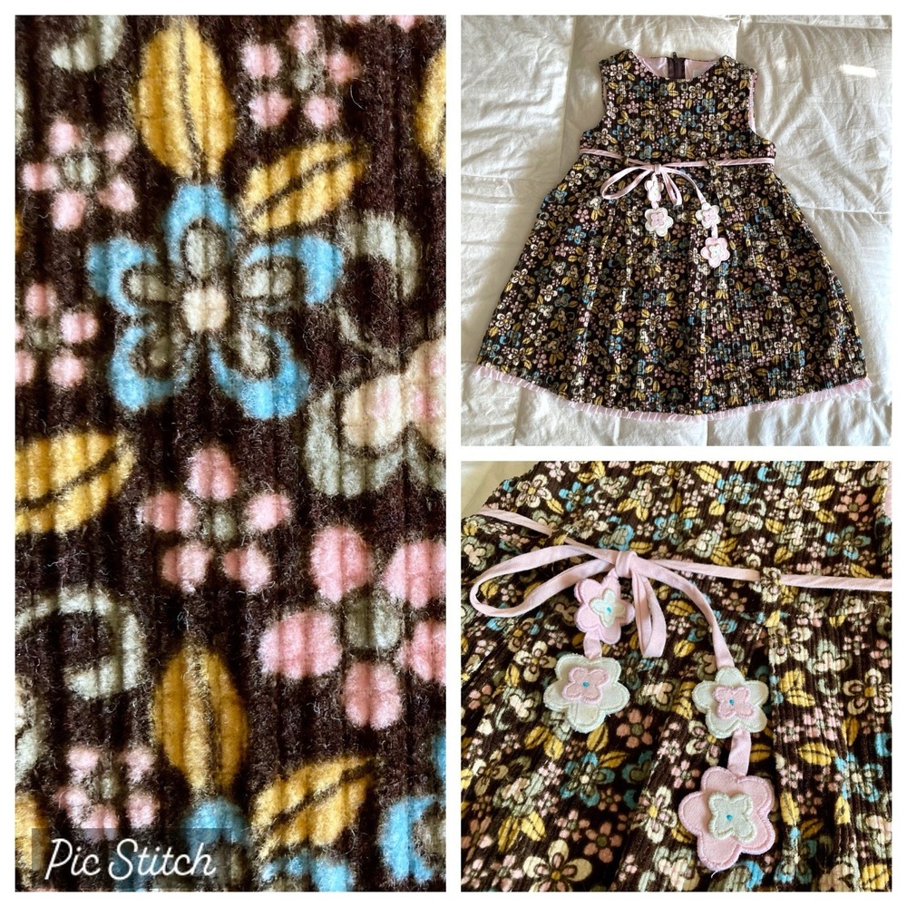 Vtg Florence Eiseman Girls 2T Floral Corduroy Dress Belt Ruffle Brown Pink Leaf